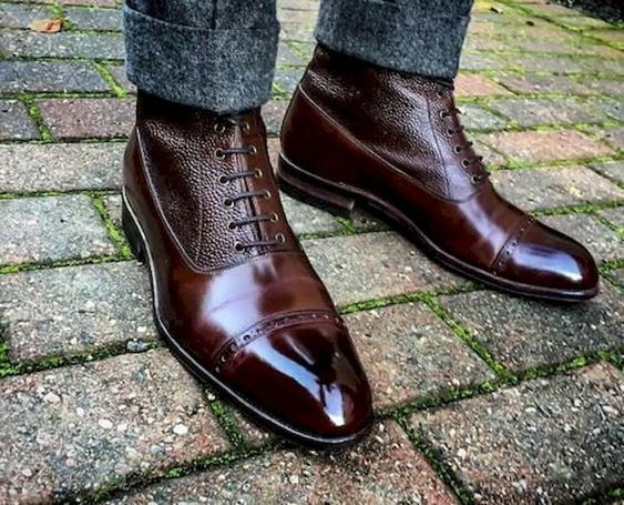 Handmade Cap toe dark brown leather ankle high boots, Men's brown dress boot  | eBay